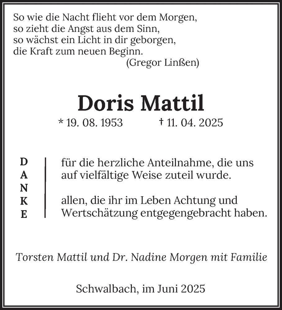  Traueranzeige für Doris Mattil vom 14.06.2025 aus saarbruecker_zeitung
