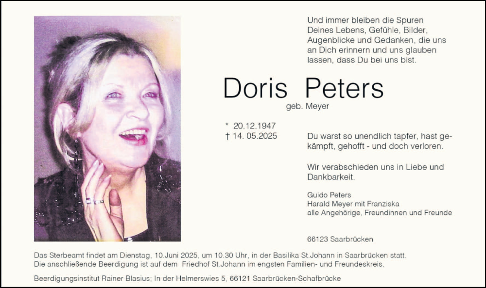  Traueranzeige für Doris Peters vom 07.06.2025 aus saarbruecker_zeitung