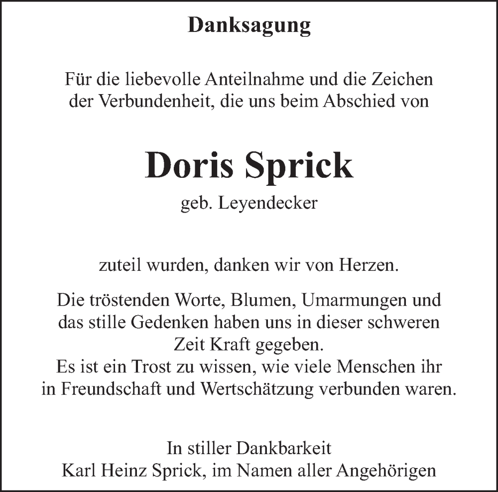  Traueranzeige für Doris Sprick vom 07.06.2025 aus saarbruecker_zeitung