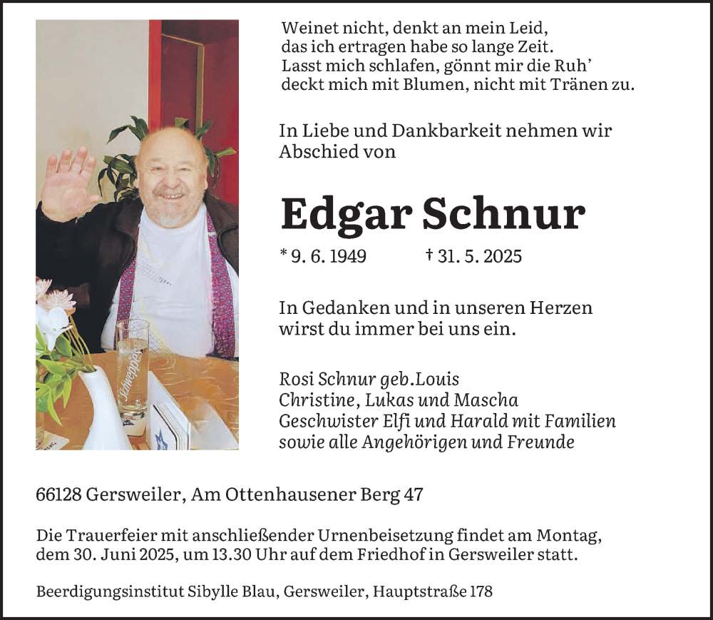  Traueranzeige für Edgar Schnur vom 14.06.2025 aus saarbruecker_zeitung