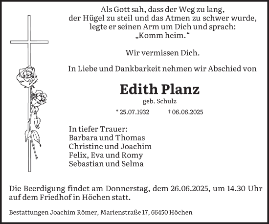 Traueranzeige von Edith Planz von saarbruecker_zeitung