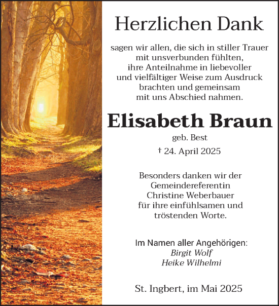 Traueranzeige von Elisabeth Braun von saarbruecker_zeitung