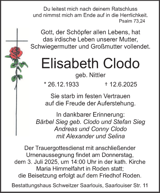 Traueranzeige von Elisabeth Clodo von saarbruecker_zeitung