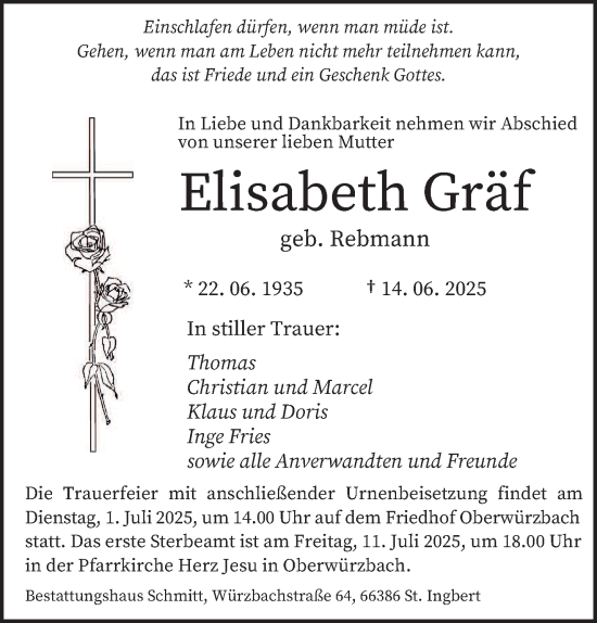 Traueranzeige von Elisabeth Gräf von saarbruecker_zeitung