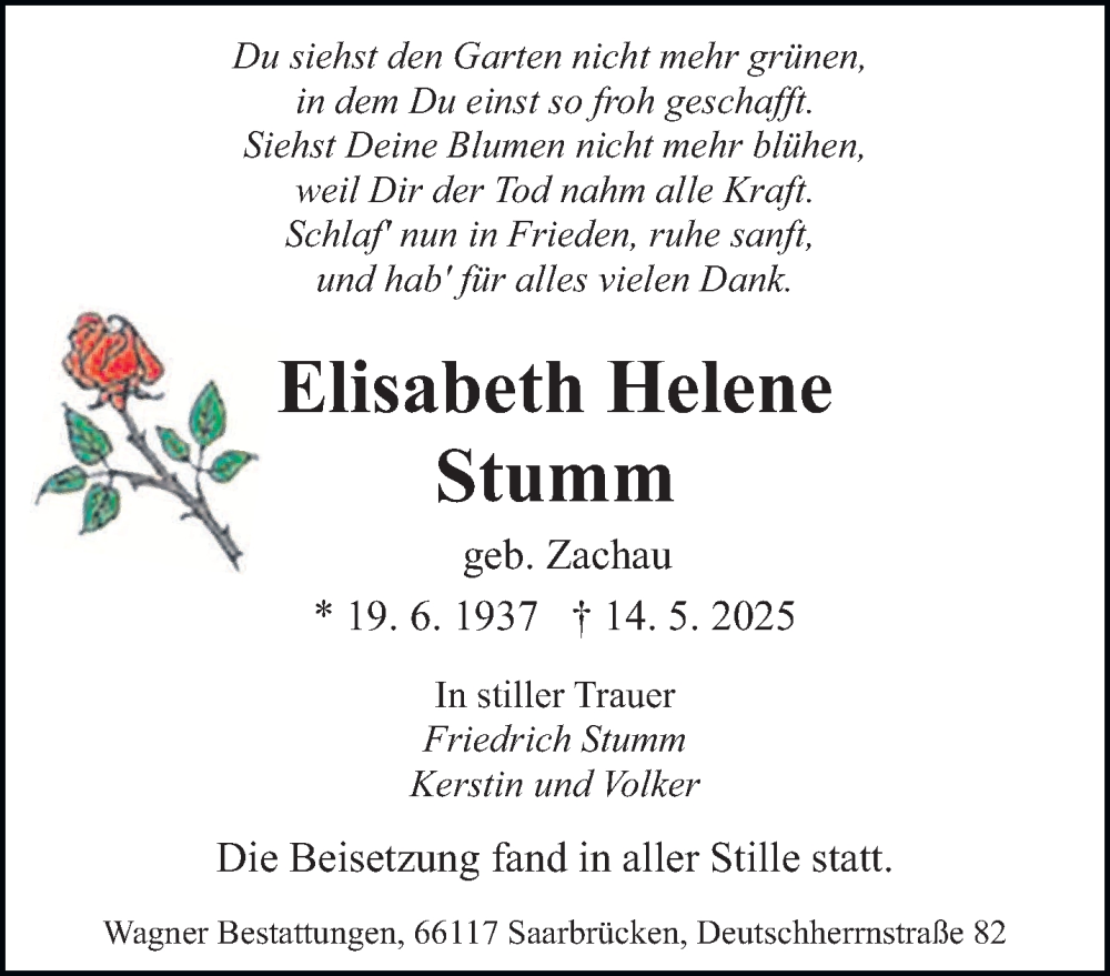  Traueranzeige für Elisabeth Helene Stumm vom 31.05.2025 aus saarbruecker_zeitung