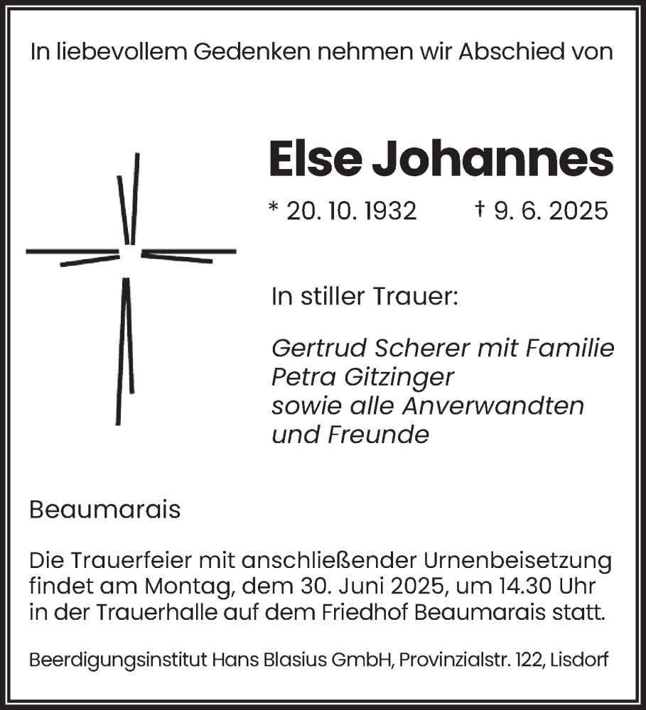  Traueranzeige für Else Johannes vom 21.06.2025 aus saarbruecker_zeitung