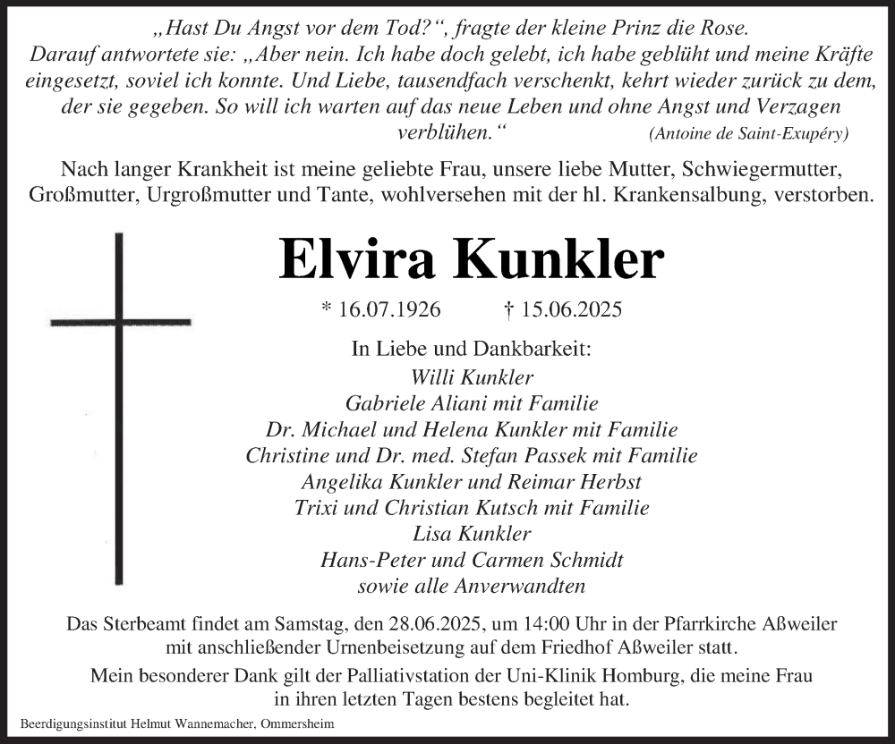  Traueranzeige für Elvira Kunkler vom 25.06.2025 aus saarbruecker_zeitung