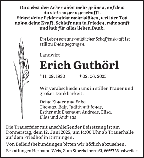 Traueranzeige von Erich Guthörl von saarbruecker_zeitung