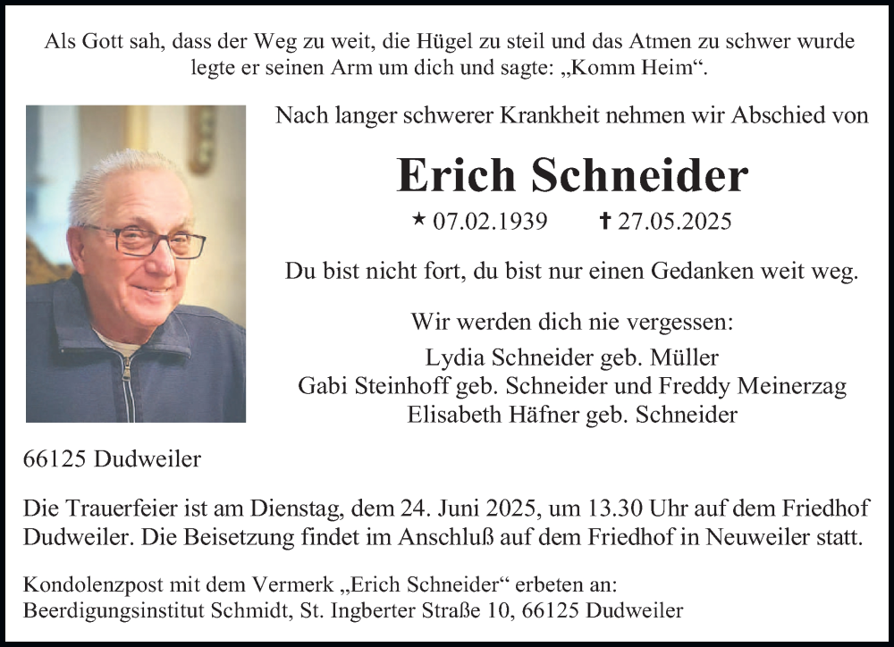  Traueranzeige für Erich Schneider vom 14.06.2025 aus saarbruecker_zeitung