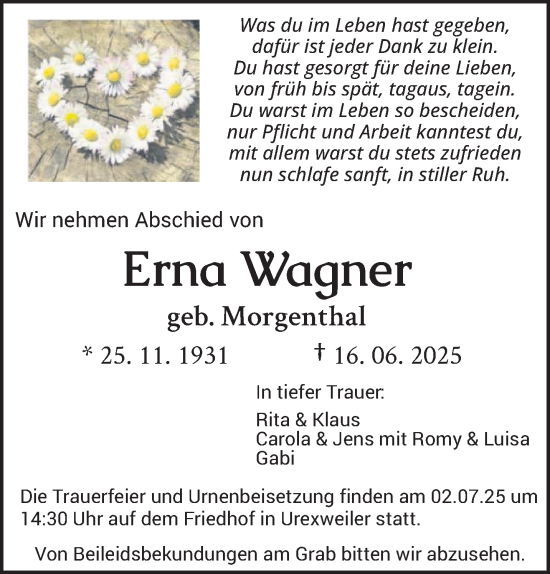Traueranzeige von Erna Wagner von saarbruecker_zeitung