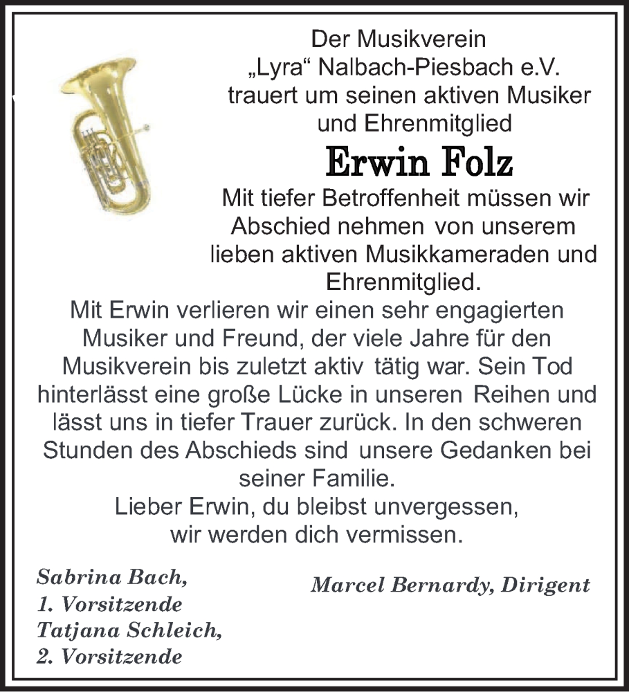  Traueranzeige für Erwin Folz vom 12.06.2025 aus saarbruecker_zeitung