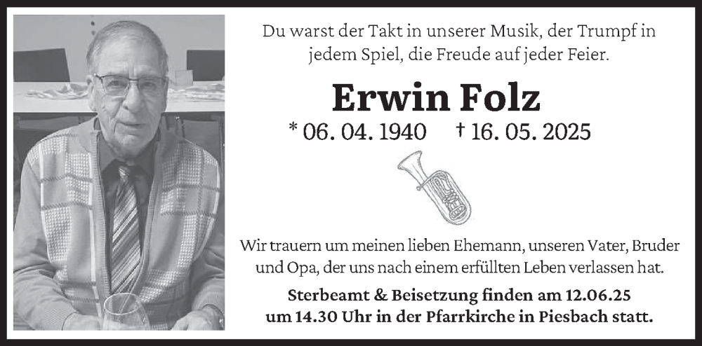  Traueranzeige für Erwin Folz vom 07.06.2025 aus saarbruecker_zeitung