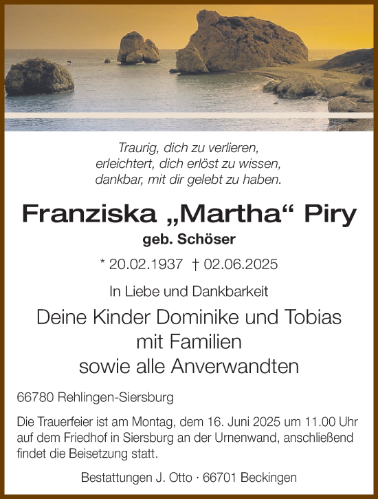 Traueranzeige von Franziska Piry von saarbruecker_zeitung