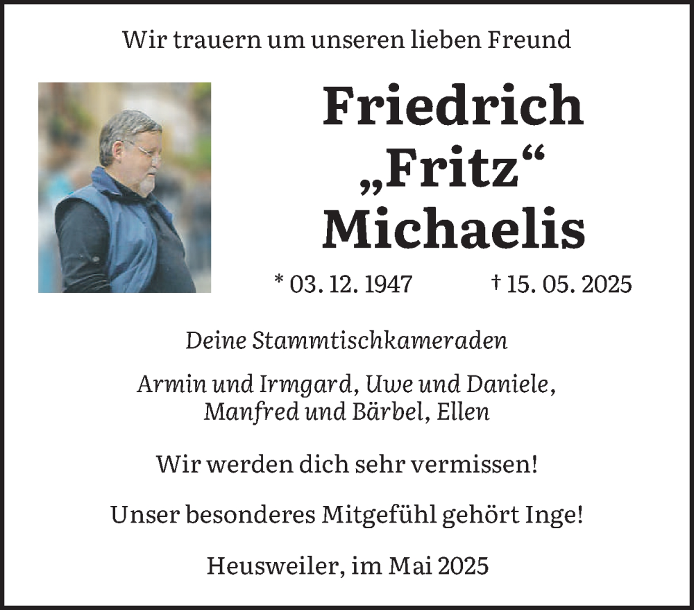  Traueranzeige für Friedrich Michaelis vom 31.05.2025 aus saarbruecker_zeitung