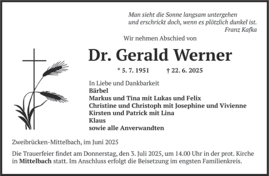 Traueranzeige von Gerald Werner von saarbruecker_zeitung
