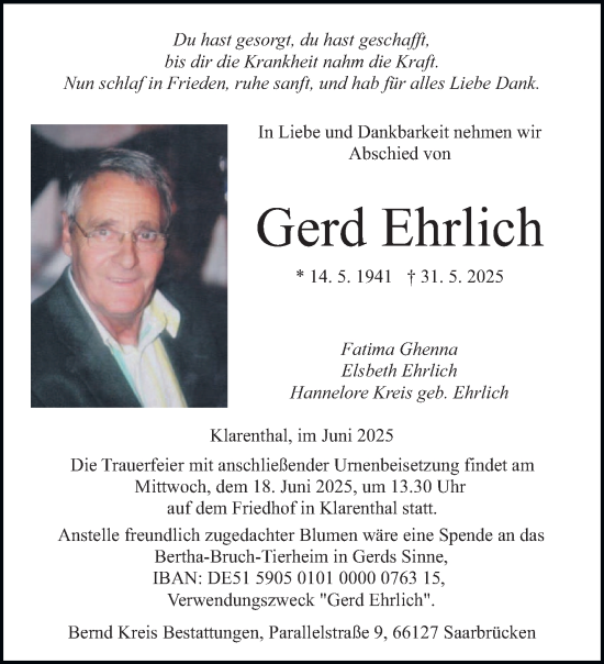Traueranzeige von Gerd Ehrlich von saarbruecker_zeitung