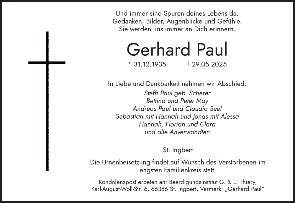  Traueranzeige für Gerhard Paul vom 07.06.2025 aus saarbruecker_zeitung