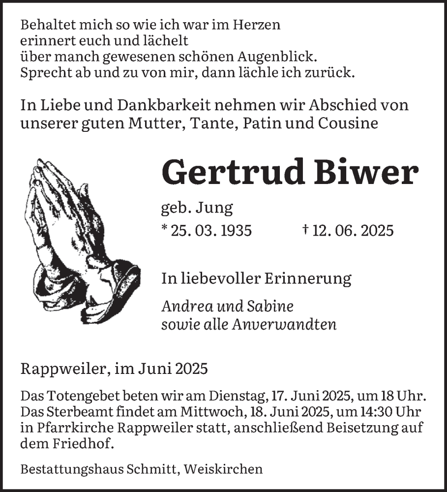  Traueranzeige für Gertrud Biwer vom 16.06.2025 aus saarbruecker_zeitung