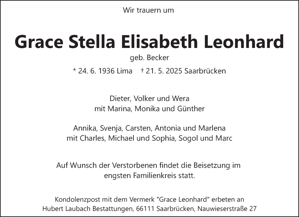  Traueranzeige für Grace Stella Elisabeth Leonhard vom 07.06.2025 aus saarbruecker_zeitung