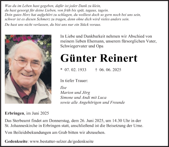 Traueranzeige von Günter Reinert von saarbruecker_zeitung