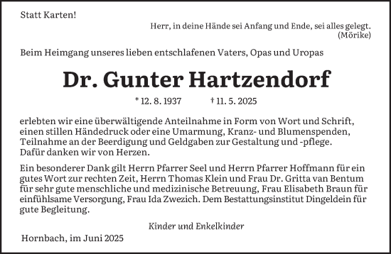Traueranzeige von Gunter Hartzendorf von saarbruecker_zeitung