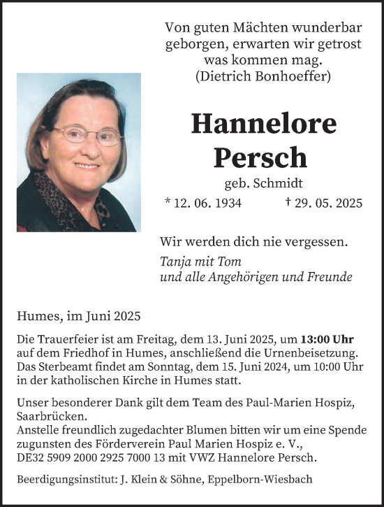Traueranzeige von Hannelore Persch von saarbruecker_zeitung