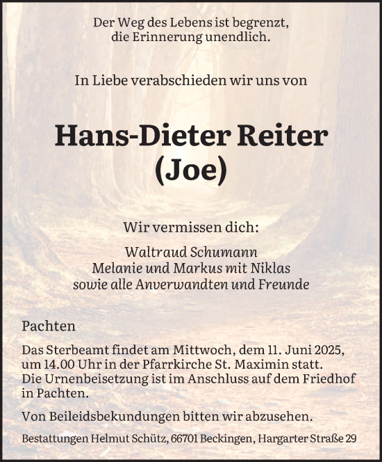 Traueranzeige von Hans-Dieter Reiter von saarbruecker_zeitung