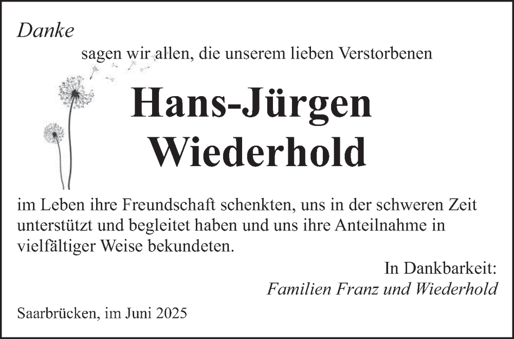  Traueranzeige für Hans-Jürgen Wiederhold vom 07.06.2025 aus saarbruecker_zeitung