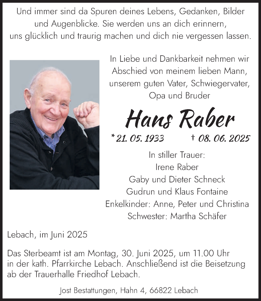  Traueranzeige für Hans Raber vom 21.06.2025 aus saarbruecker_zeitung