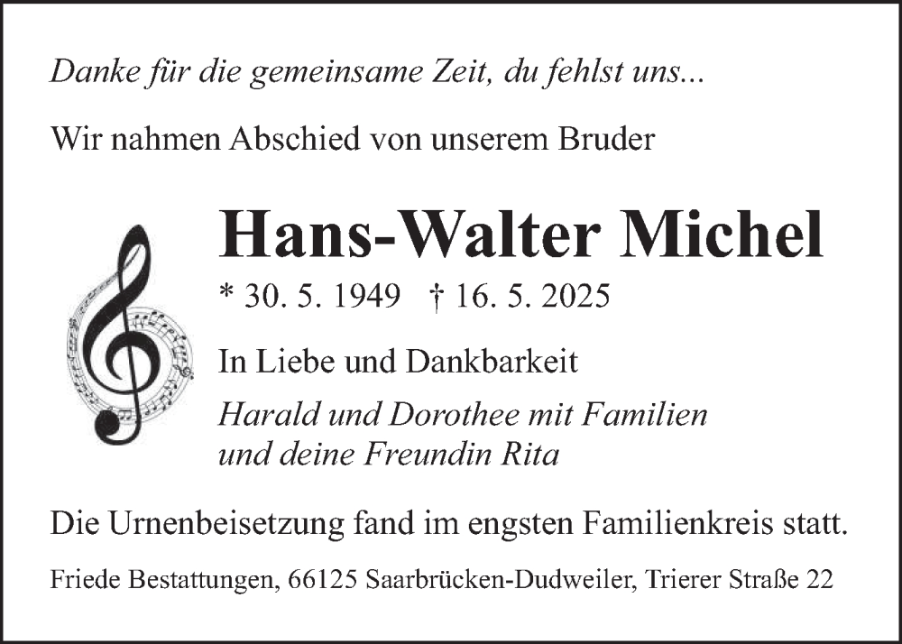  Traueranzeige für Hans-Walter Michel vom 07.06.2025 aus saarbruecker_zeitung
