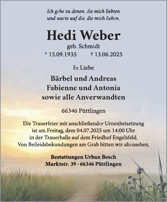 Traueranzeige von Hedi Weber von saarbruecker_zeitung