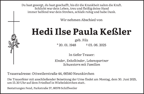 Traueranzeige von Hedi Ilse Paula Keßler von saarbruecker_zeitung