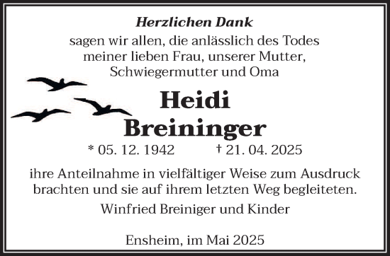 Traueranzeige von Heidi Breininger von saarbruecker_zeitung