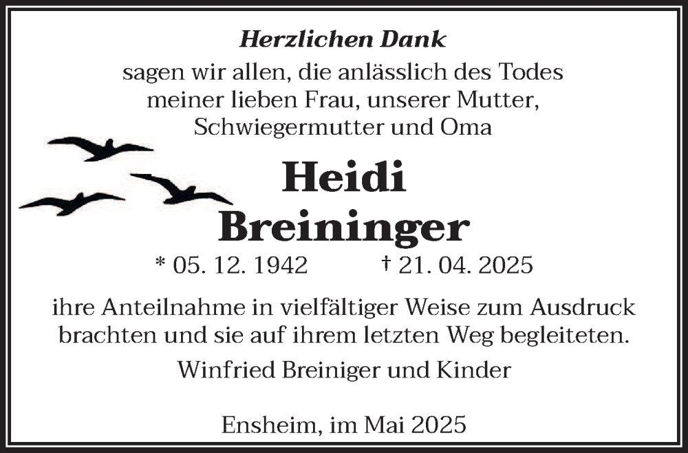  Traueranzeige für Heidi Breininger vom 31.05.2025 aus saarbruecker_zeitung