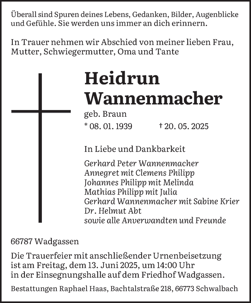  Traueranzeige für Heidrun Wannenmacher vom 31.05.2025 aus saarbruecker_zeitung