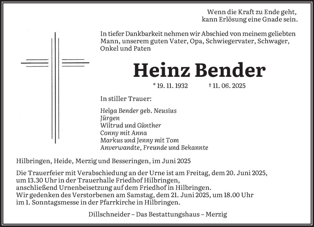  Traueranzeige für Heinz Bender vom 14.06.2025 aus saarbruecker_zeitung