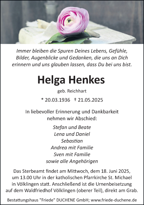 Traueranzeige von Helga Henkes von saarbruecker_zeitung