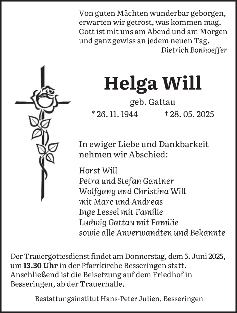  Traueranzeige für Helga Will vom 03.06.2025 aus saarbruecker_zeitung