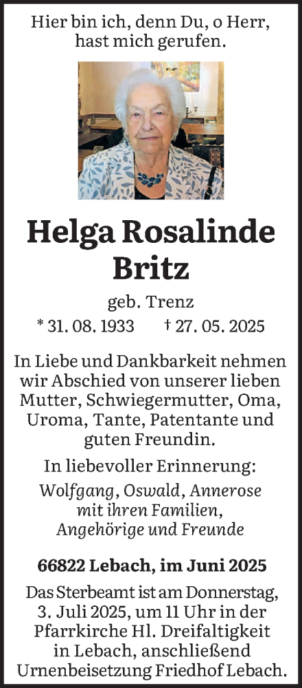 Traueranzeige von Helga Rosalinde Britz von saarbruecker_zeitung