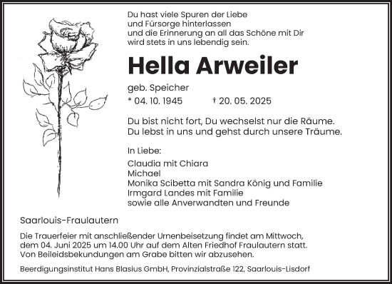 Traueranzeige von Hella Arweiler von saarbruecker_zeitung