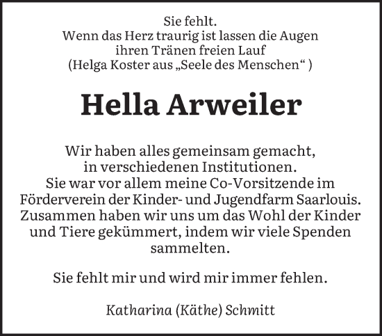 Traueranzeige von Hella Arweiler von saarbruecker_zeitung