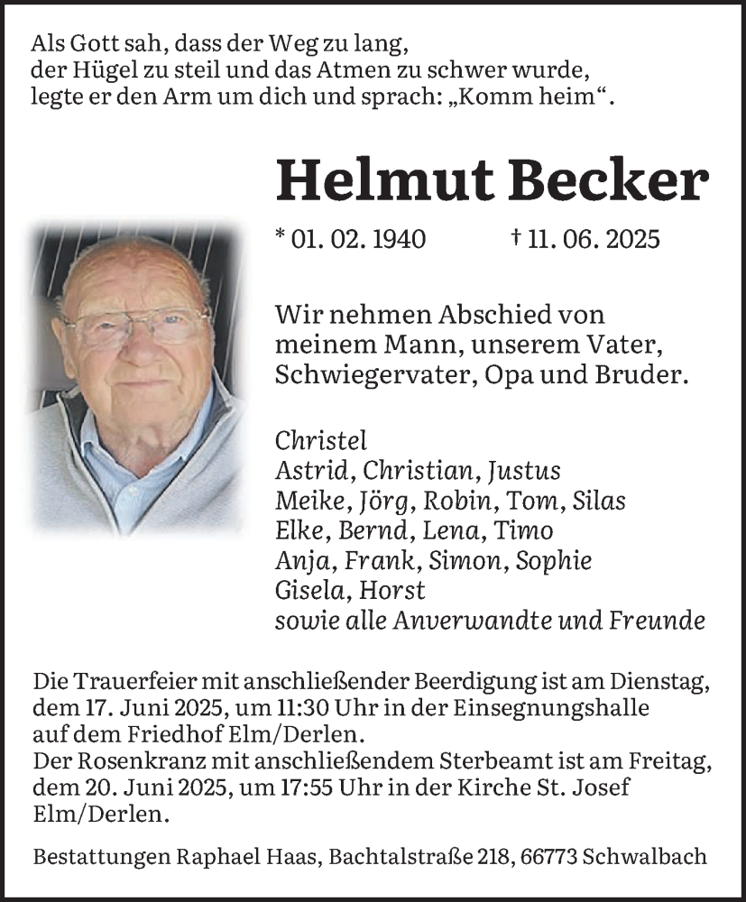  Traueranzeige für Helmut Becker vom 14.06.2025 aus saarbruecker_zeitung