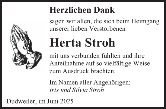 Traueranzeige von Herta Stroh von saarbruecker_zeitung