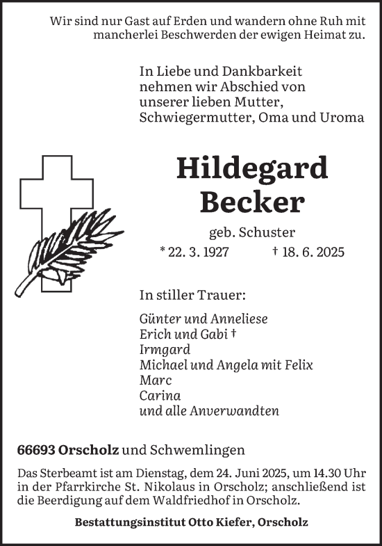 Traueranzeige von Hildegard Becker von saarbruecker_zeitung