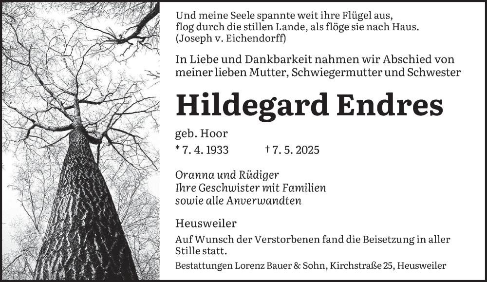  Traueranzeige für Hildegard Endres vom 31.05.2025 aus saarbruecker_zeitung