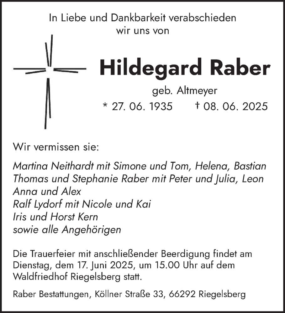  Traueranzeige für Hildegard Raber vom 14.06.2025 aus saarbruecker_zeitung