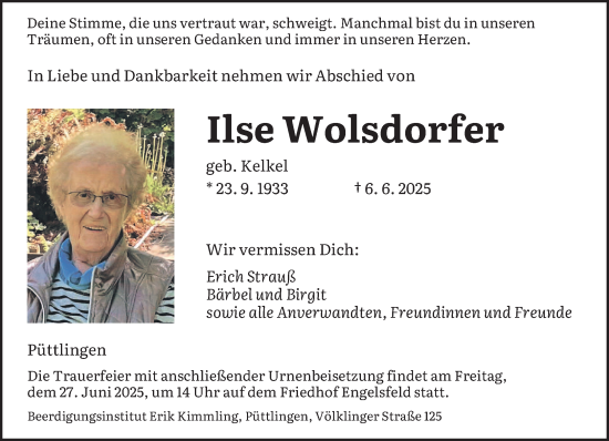 Traueranzeige von Ilse Wolsdorfer von saarbruecker_zeitung