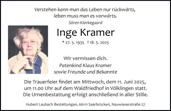 Traueranzeige von Inge Kramer von saarbruecker_zeitung