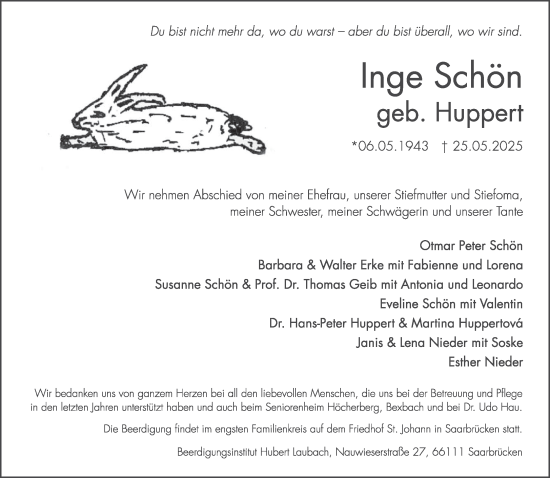 Traueranzeige von Inge Schön von saarbruecker_zeitung