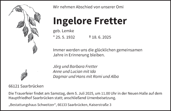 Traueranzeige von Ingelore Fretter von saarbruecker_zeitung